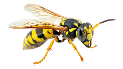 Close-up of a vibrant yellow and black wasp perched on a surface, showcasing intricate wing details and distinctive coloration.