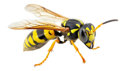 Close-up of a vibrant yellow and black wasp perched on a surface, showcasing intricate wing details and distinctive coloration.