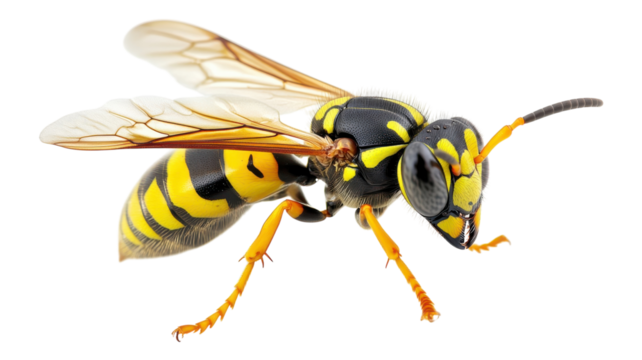 Close-up of a vibrant yellow and black wasp perched on a surface, showcasing intricate wing details and distinctive coloration.