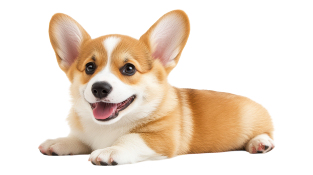 Playful corgi puppy lying on a light background with an adorable expression and perked ears.