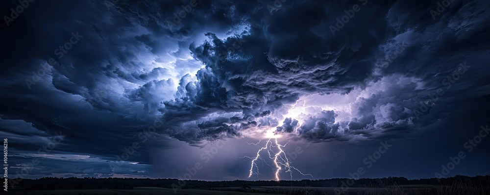 Poster dramatic thunderstorm with lightning illuminating dark clouds at night.
