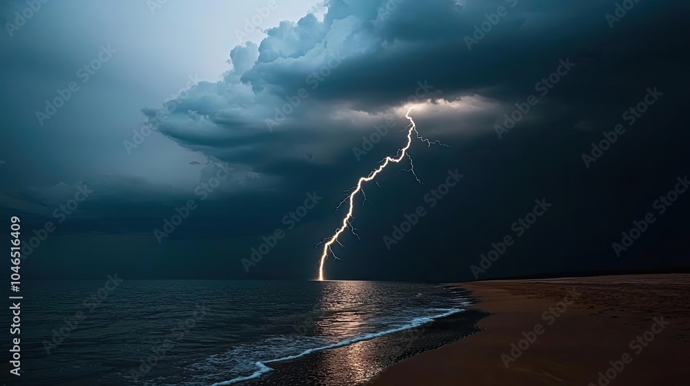 Poster lightning strikes above dark ocean waves under stormy clouds.
