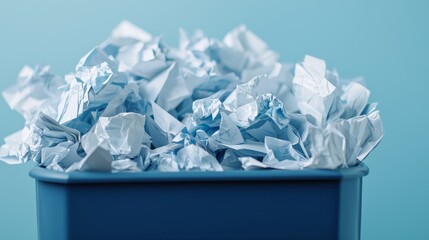 A blue trash bin filled with crumpled blue paper, set against a light blue background, creating a minimalist and clean aesthetic.