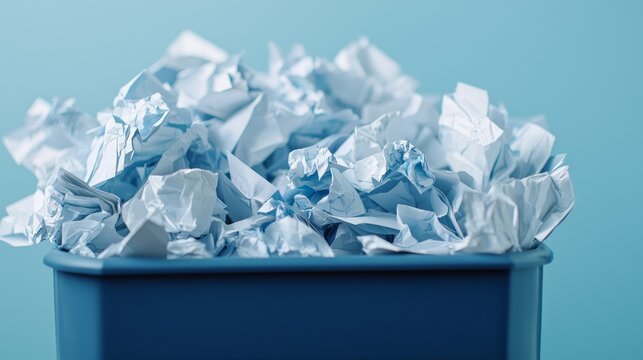 A blue trash bin filled with crumpled blue paper, set against a light blue background, creating a minimalist and clean aesthetic.