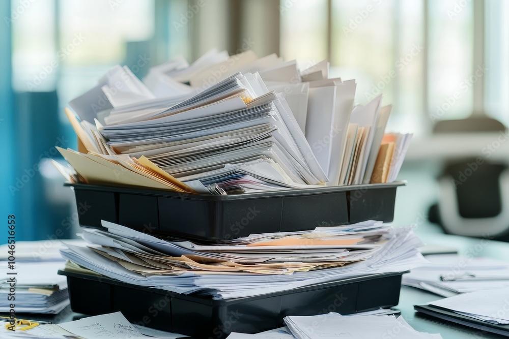 Poster a chaotic stack of papers and files in black containers, representing disorganization and a busy wor