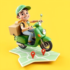 Create a vibrant 3D cartoon-style delivery man riding a bright green scooter