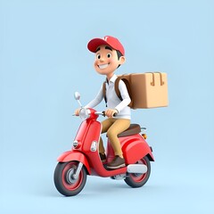Create a vibrant 3D cartoon-style delivery man riding a bright green scooter