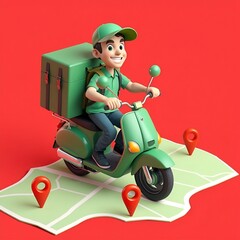 Create a vibrant 3D cartoon-style delivery man riding a bright green scooter
