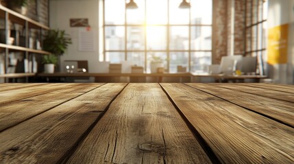 Empty wooden table top with blurred office background.