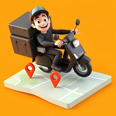 Create a vibrant 3D cartoon-style delivery man riding a bright green scooter