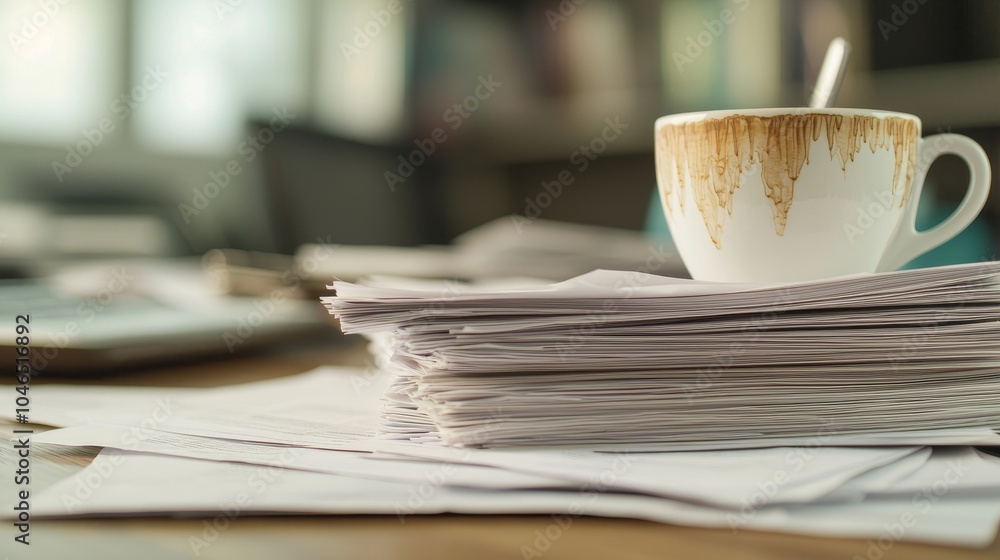 Poster a close-up of a coffee cup resting on a stack of papers, set in a workspace that suggests productivi