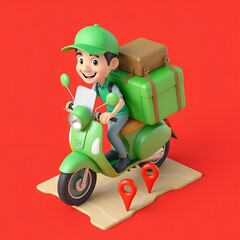Create a vibrant 3D cartoon-style delivery man riding a bright green scooter