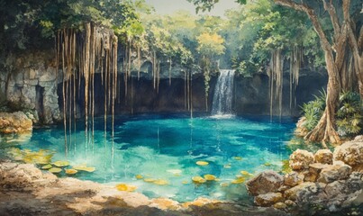 Naklejka premium Watercolor Ik-Kil Cenote - Lovely cenote in Yucatan Peninsulla with transparent waters and hanging roots. Chichen Itza, Mexico