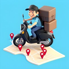 Create a vibrant 3D cartoon-style delivery man riding a bright green scooter