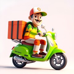 Create a vibrant 3D cartoon-style delivery man riding a bright green scooter