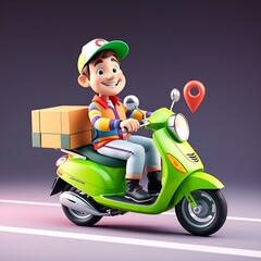 Create a vibrant 3D cartoon-style delivery man riding a bright green scooter