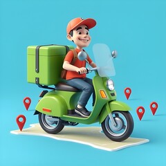 Create a vibrant 3D cartoon-style delivery man riding a bright green scooter