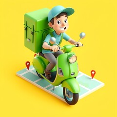 Create a vibrant 3D cartoon-style delivery man riding a bright green scooter