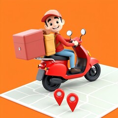 Create a vibrant 3D cartoon-style delivery man riding a bright green scooter