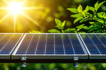 Fototapeta premium A close-up of solar panels, bathed in sunlight, with verdant leaves in the background, emphasizing renewable energy and nature's harmony.