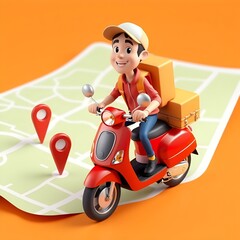 Create a vibrant 3D cartoon-style delivery man riding a bright green scooter