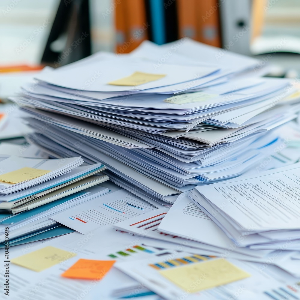 Poster a cluttered workspace filled with stacks of papers and colorful sticky notes, indicating busy planni