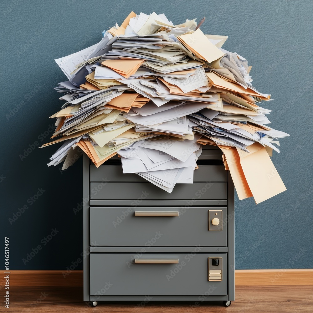 Poster a cluttered filing cabinet overflowing with disorganized papers, symbolizing chaos and the need for 