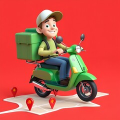 Create a vibrant 3D cartoon-style delivery man riding a bright green scooter