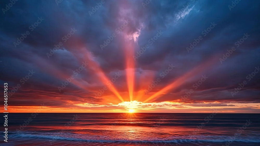 Poster vibrant sunset over the ocean, displaying colorful clouds and rays of light.