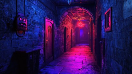 Fototapeta premium An interactive Halloween escape room with neon-lit puzzles, hidden doors, and creepy sound effects activated by player movements
