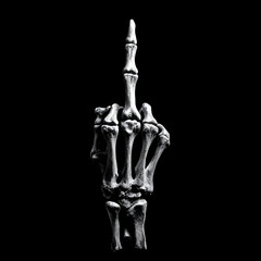 The middle Finger from a skeleton hand isolated on a black background 