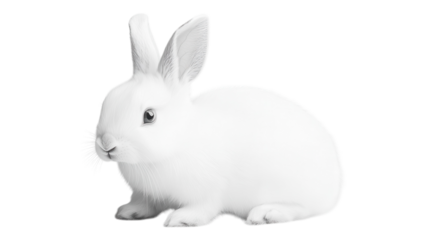 White rabbit sitting calmly on a transparent background, showcasing its soft fur and curious expression, perfect for illustrations and designs.