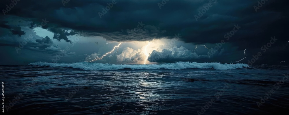 Poster dramatic ocean scene with dark clouds and lightning illuminating the water.