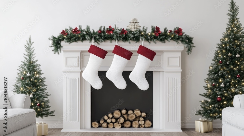 Poster a fireplace with three red and white stockings hanging from it