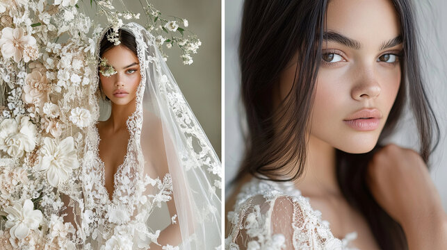 bride in intricate lace wedding dress with floral accents, surrounded by delicate flowers and soft veil, exuding elegance and beauty