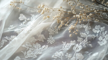 Delicate linen fabric with intricate floral embroidery, complemented by dried flowers, creates serene and elegant atmosphere. Perfect for soft, romantic settings