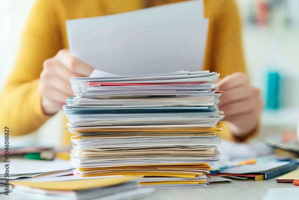 Poster a person is sorting through a large stack of papers and documents on a table, depicting organization