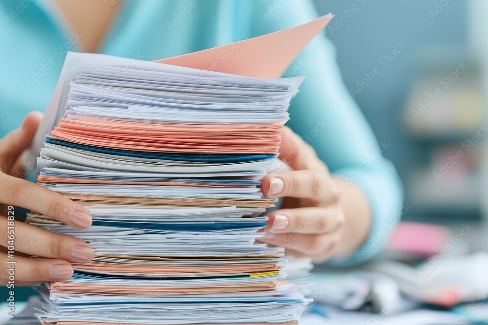 Poster a person organizes a large stack of paperwork, showcasing the complexity of document management and 