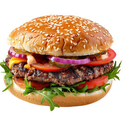 Delicious Grilled Burger with Vibrant Toppings on Sesame Bun