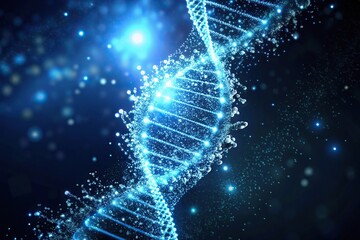 Glowing DNA helix with particles on dark background in extreme close-up