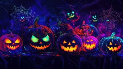 Neon pumpkins in various colors, with glowing carved faces, illuminating a dark spooky setting with neon spider webs