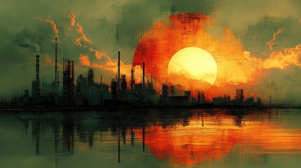 Obraz premium Industrial Sunset with a Red Sky