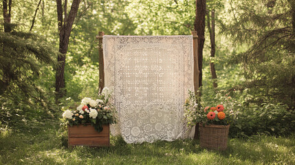 Naklejka premium beautiful vintage lace backdrop surrounded by vibrant flowers creates serene outdoor setting. This earthy scene is perfect for photography or special events