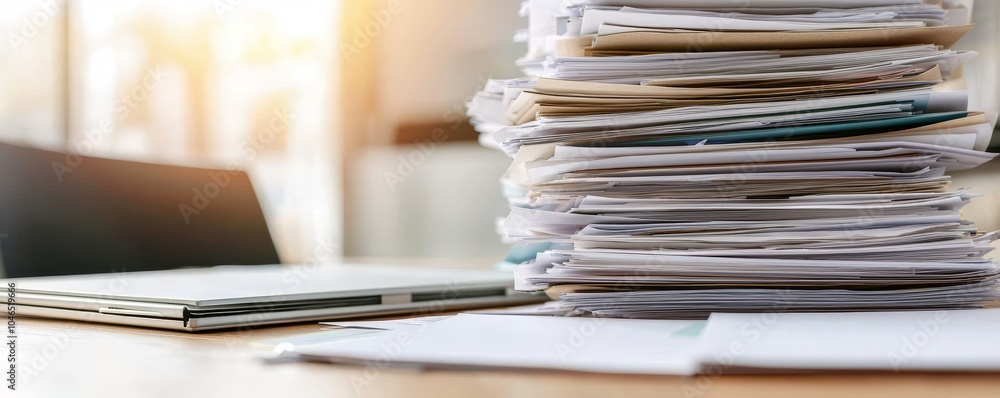 Poster a stack of papers on a desk with a laptop nearby, reflecting a busy work environment illuminated by 