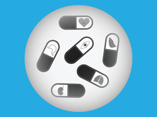 Six capsules pills with human body organs inside
