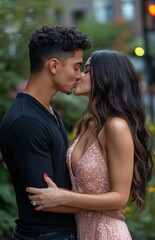 Fototapeta premium Engaged Couple Kissing in City Park, Embracing Love and Joy