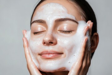 A woman enjoys a facial cleansing treatment, showcasing fresh, clear skin with cleansing foam on her face and a serene expression.