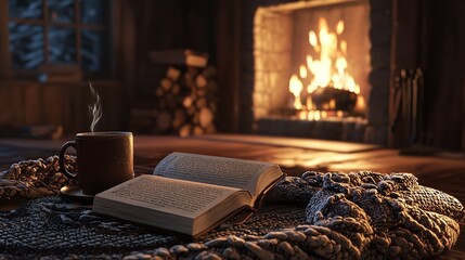 One Cup and a Book Near the Fireplace - Winter Concept