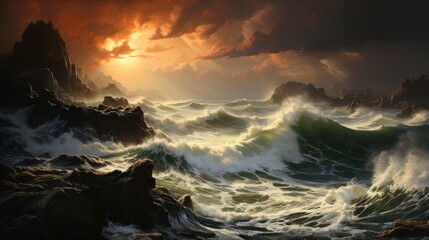 Fototapeta premium Dramatic Seascape with Rough Waves and Sunset