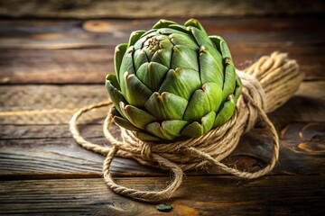 Obraz premium fresh green artichoke bundle rustic table